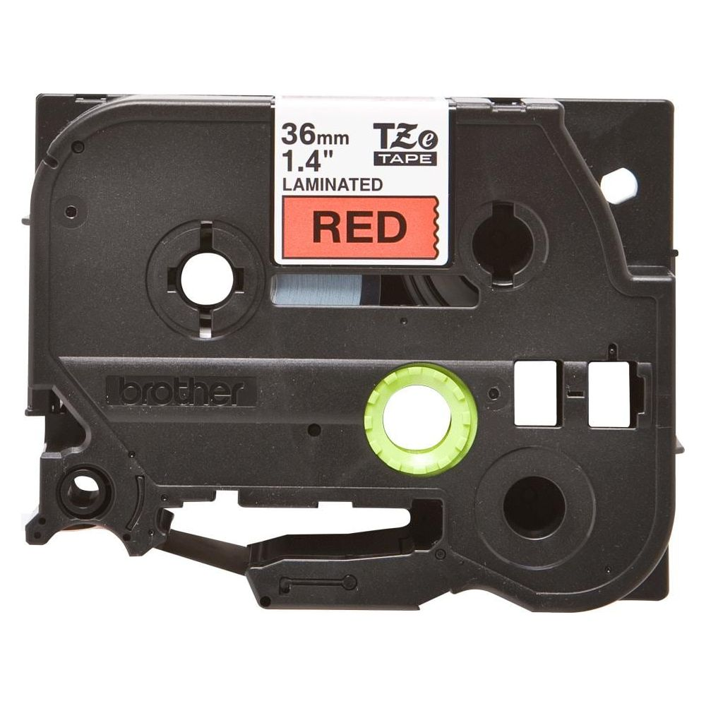 Cartuccia nastro Brother nera con etichetta rossa "RED" e bobina verde.