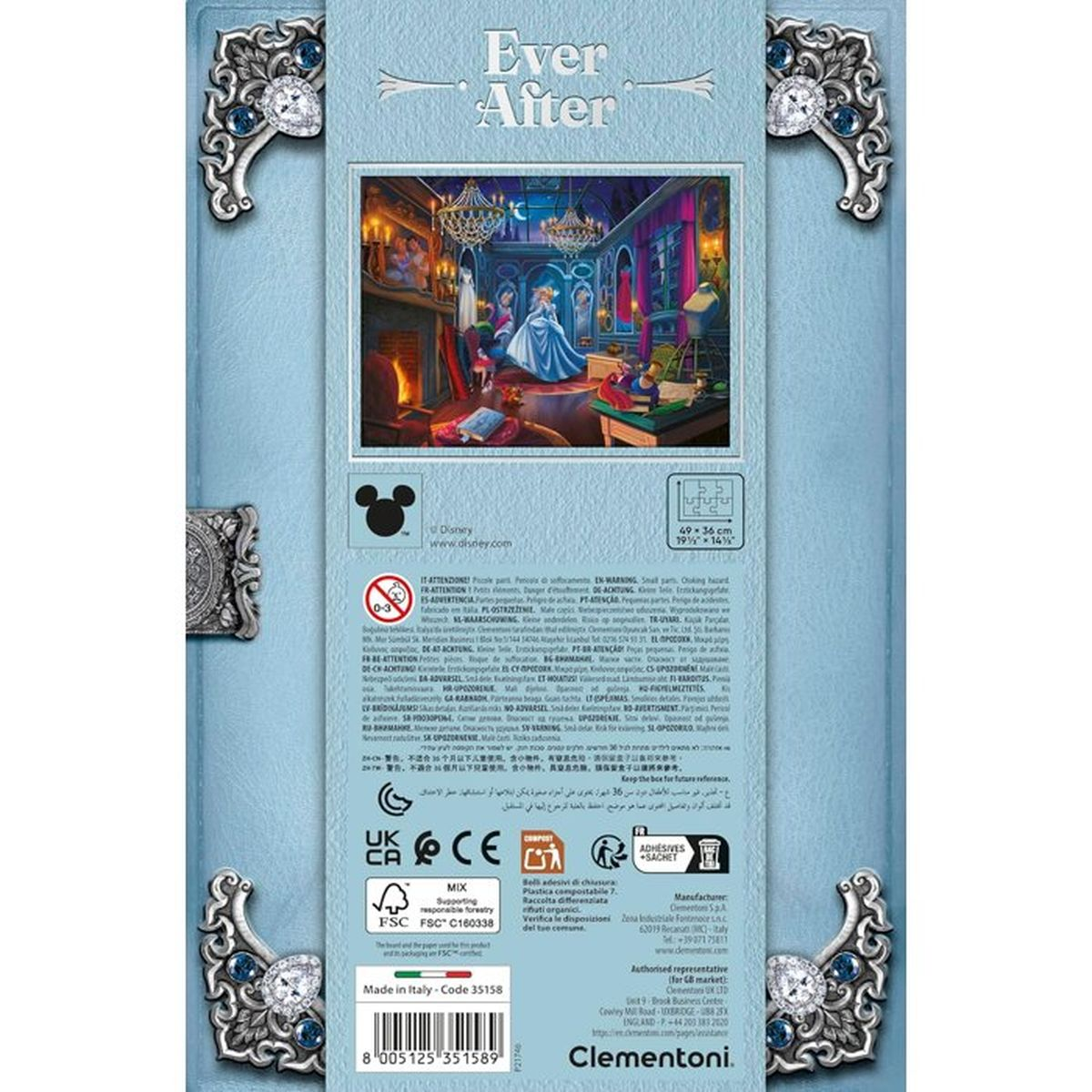 Kopciuszek w niebieskiej sukni w bogatym pokoju z meblami.