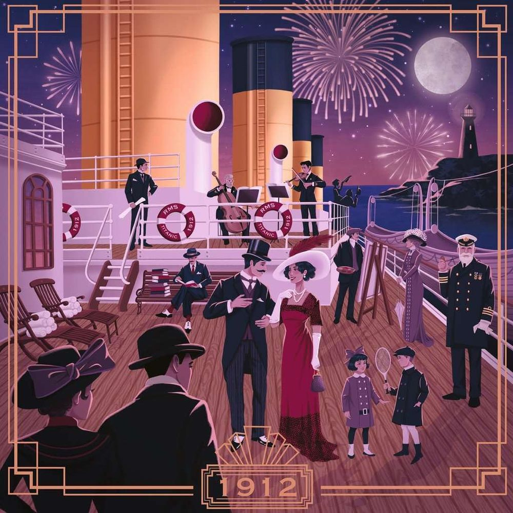 Fuochi d'artificio sulla Titanic di notte con passeggeri e orchestra.