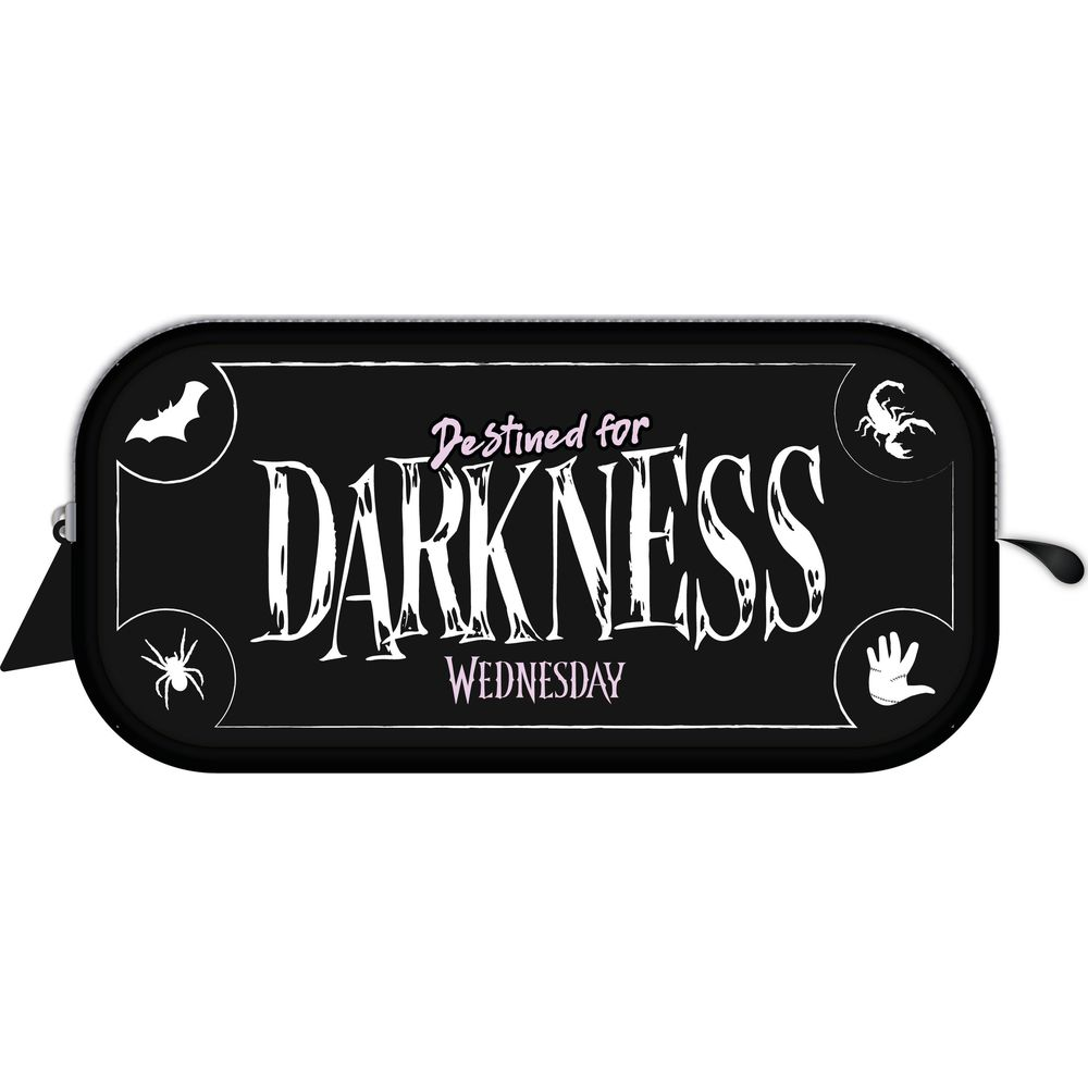 Schwarze Tasche mit der Aufschrift "Destined for DARKNESS WEDNESDAY" und Spinnen, Fledermaus, Skorpion.