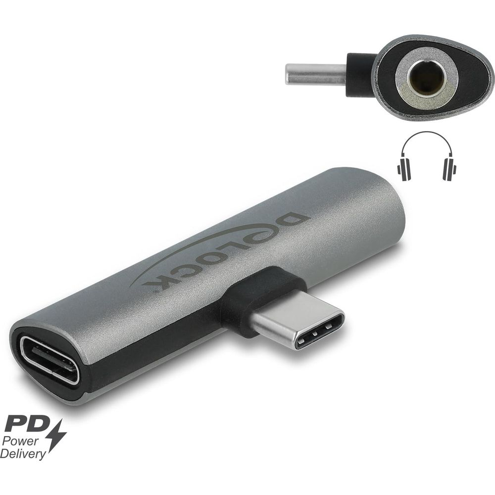 Divisor USB-C gris con icono de auriculares y etiqueta PD.
