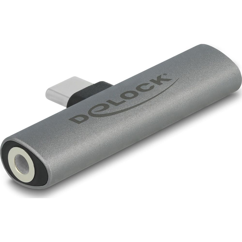 Adaptador gris con USB-C y conector de 3,5 mm.