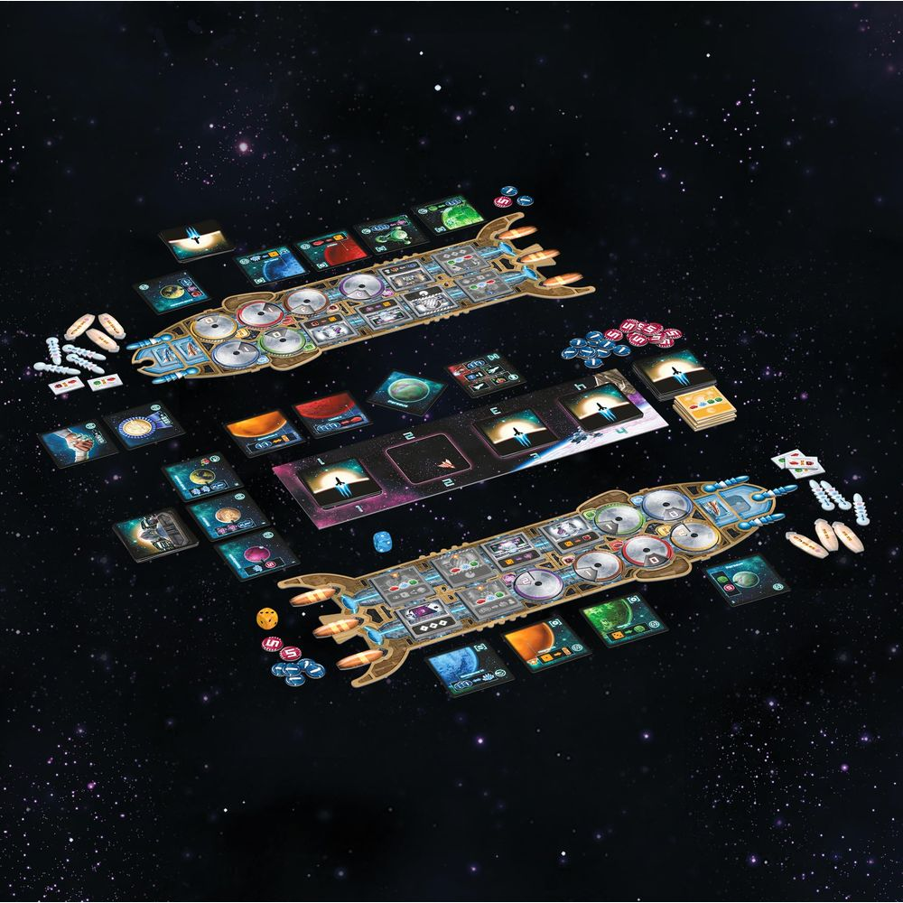 Juego de mesa temático espacial sobre fondo estrellado, con cartas y fichas.