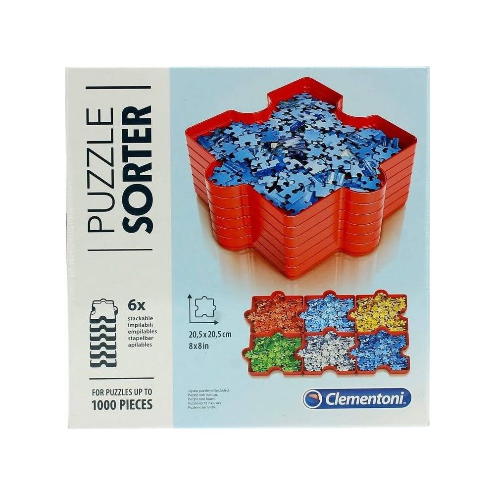 Roter Puzzle-Sortierer gefüllt mit blauen Puzzleteilen; unten sind sechs kleinere Sortierer.