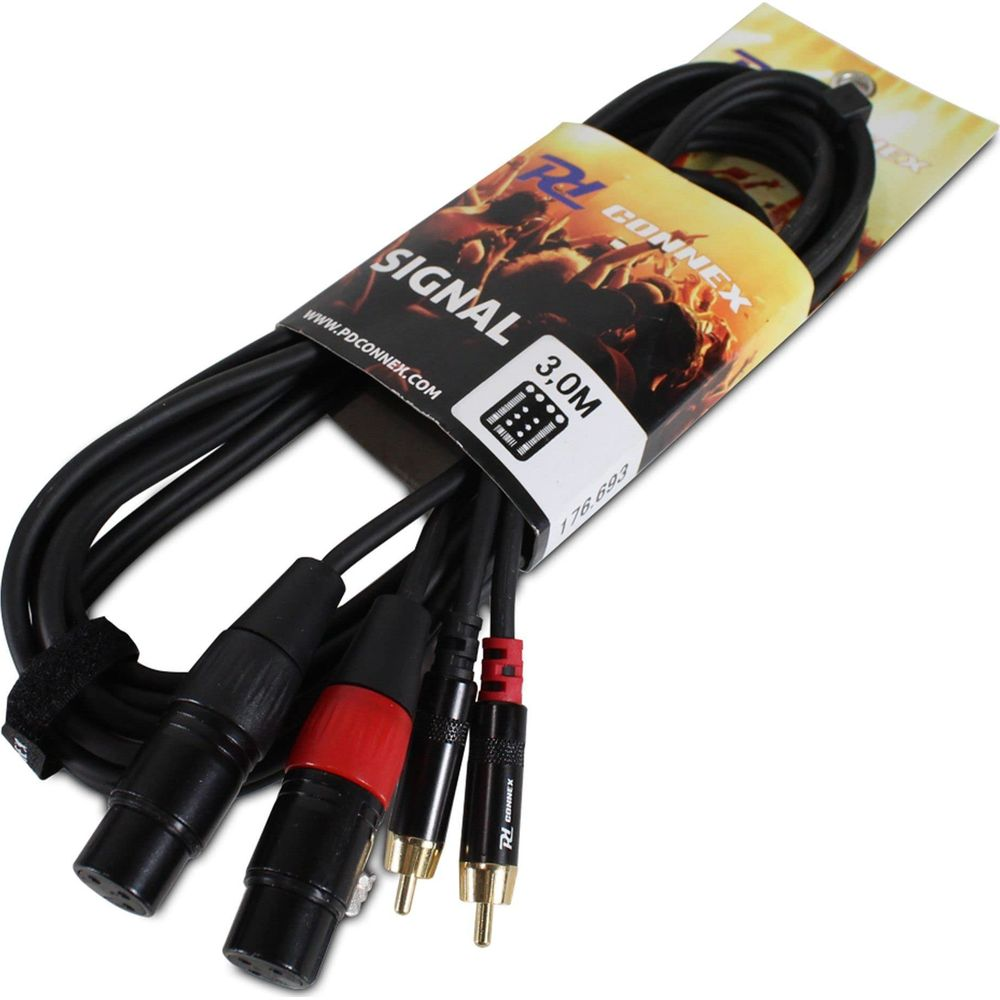 Cable de audio negro con conectores XLR y RCA, 3 metros de largo, en embalaje amarillo.