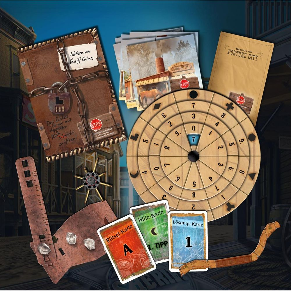 Un gioco da tavolo a tema Western con carte enigma, tabellone e attrezzi.