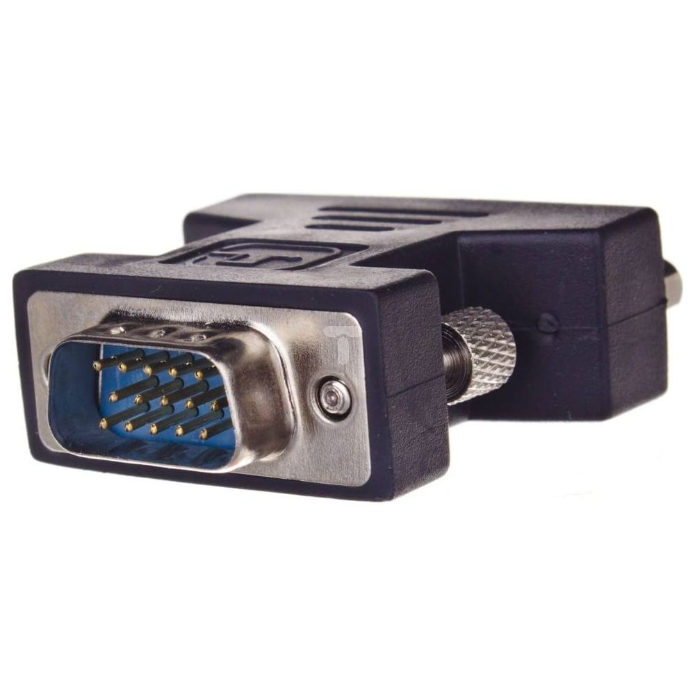 A VGA adapter with screw locks and pins.