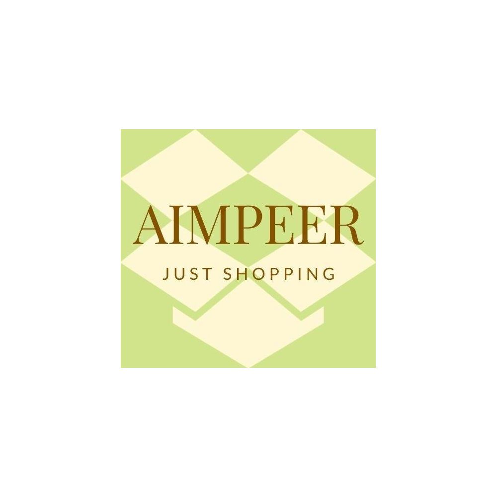 Logo with AIMPEER JUST SHOPPING text on a light green background with geometric patterns.