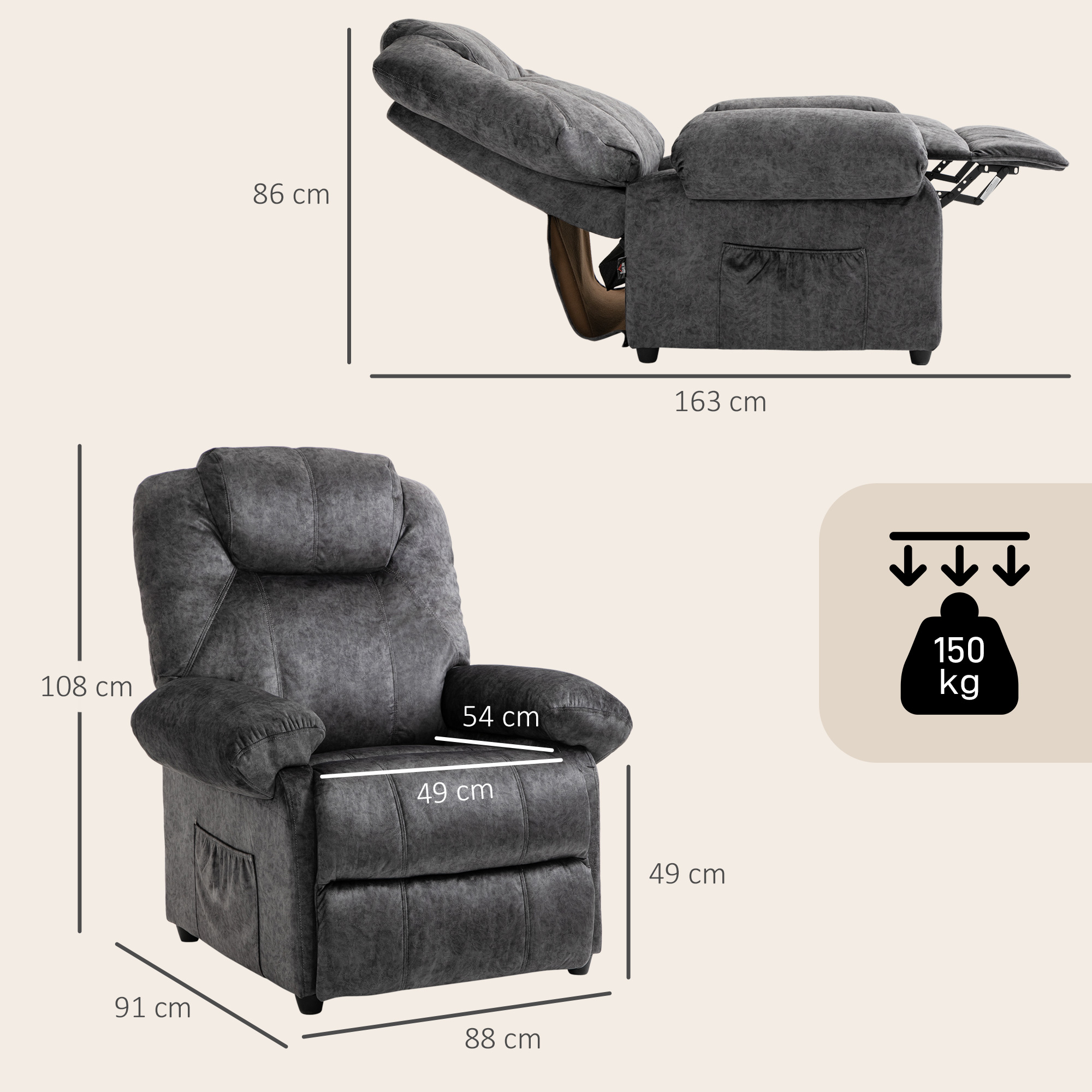 Una poltrona reclinabile grigio scuro con dimensioni mostrate. Carico max 150 kg.