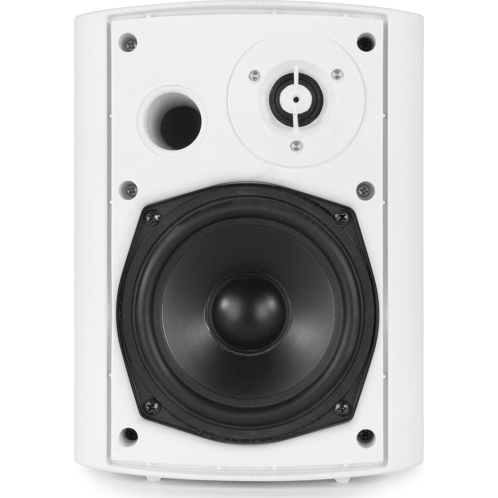 Altavoz blanco con woofer y tweeter negros. Vista frontal.