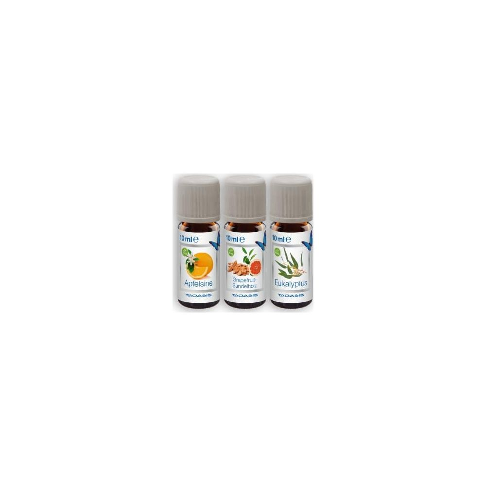 Drei 10ml Flaschen ätherisches Öl: Apfelsine, Grapefruit-Sandelholz, Eukalyptus.