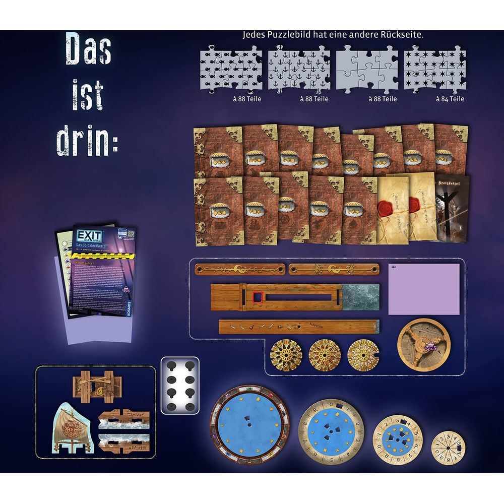 Zawartość gry planszowej z puzzlami, książkami, drewnianymi elementami, zegarami i kartami.