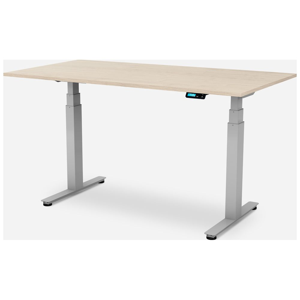 Ein heller Holztisch mit silbernen Beinen und digitaler Anzeige.