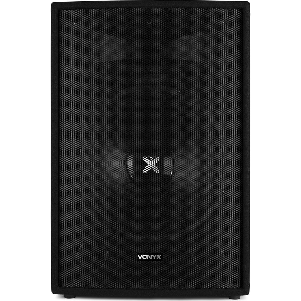 Altavoz negro con logo Vonyx, frente de rejilla y detalle en forma de X.