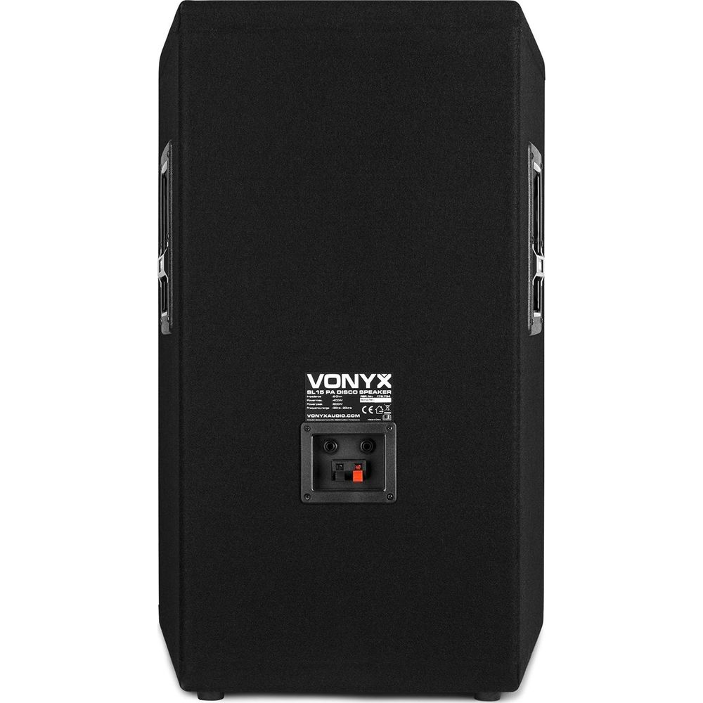 Altavoz Vonyx negro con etiqueta y conexiones en la parte trasera.