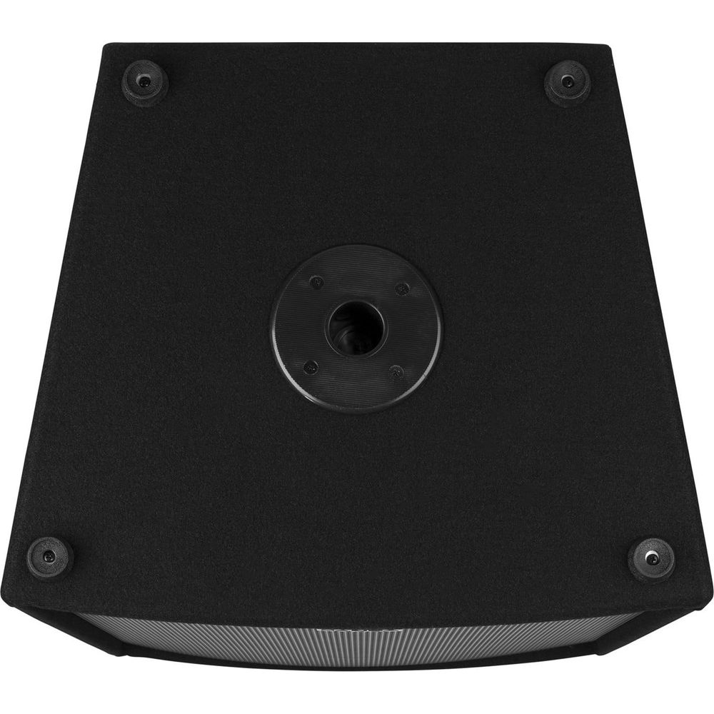 Altavoz negro visto desde arriba, mostrando placa de montaje y cuatro pies.