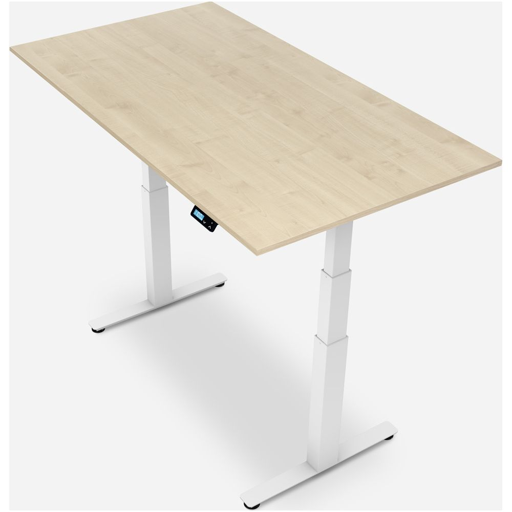 Ein heller, verstellbarer Schreibtisch mit Holzplatte und weißem Gestell.
