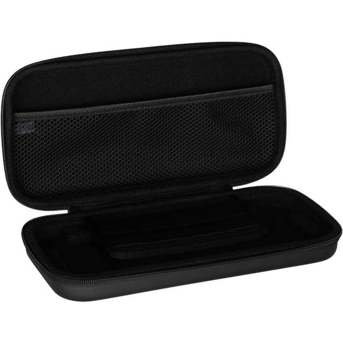 Ein offenes, schwarzes Etui mit Mesh-Tasche und Fächern im Inneren.