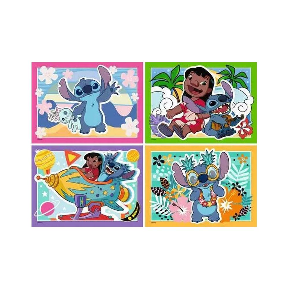 Quattro pannelli cartone: Stitch saluta, Lilo & Stitch spiaggia, razzo, occhiali da sole.