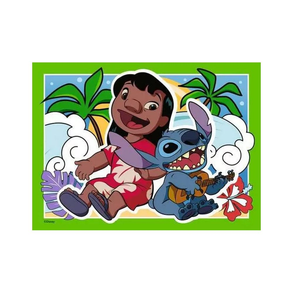 Lilo e Stitch seduti su un'isola tropicale, suonano l'ukulele.