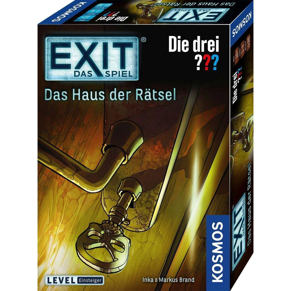 Brettspielbox mit Aufbruchthema: Türgriff, Schloss, EXIT-Logo und Titel.