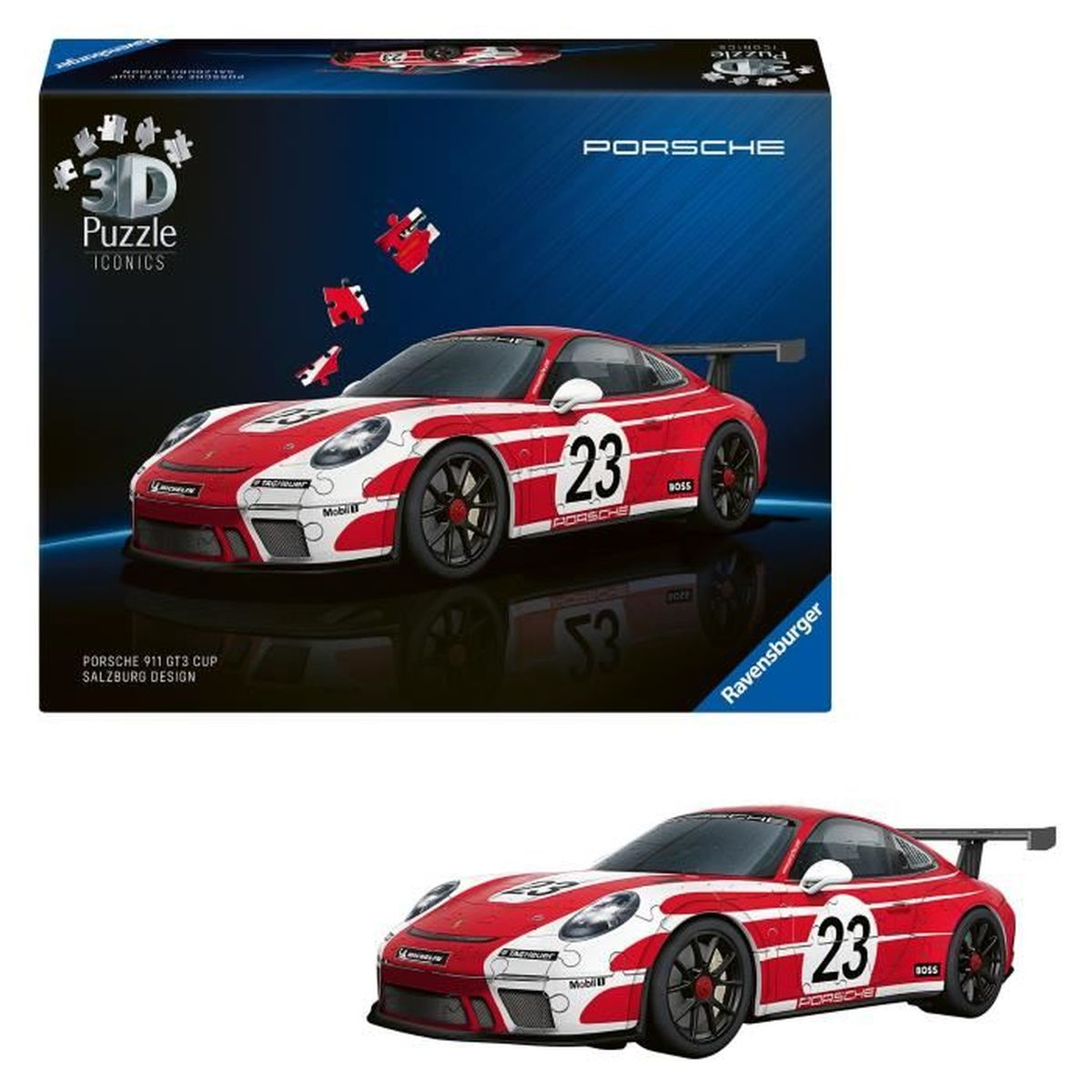 Ein roter Porsche 911 GT3 Cup 3D-Puzzle-Bausatz mit weißen und roten Akzenten.