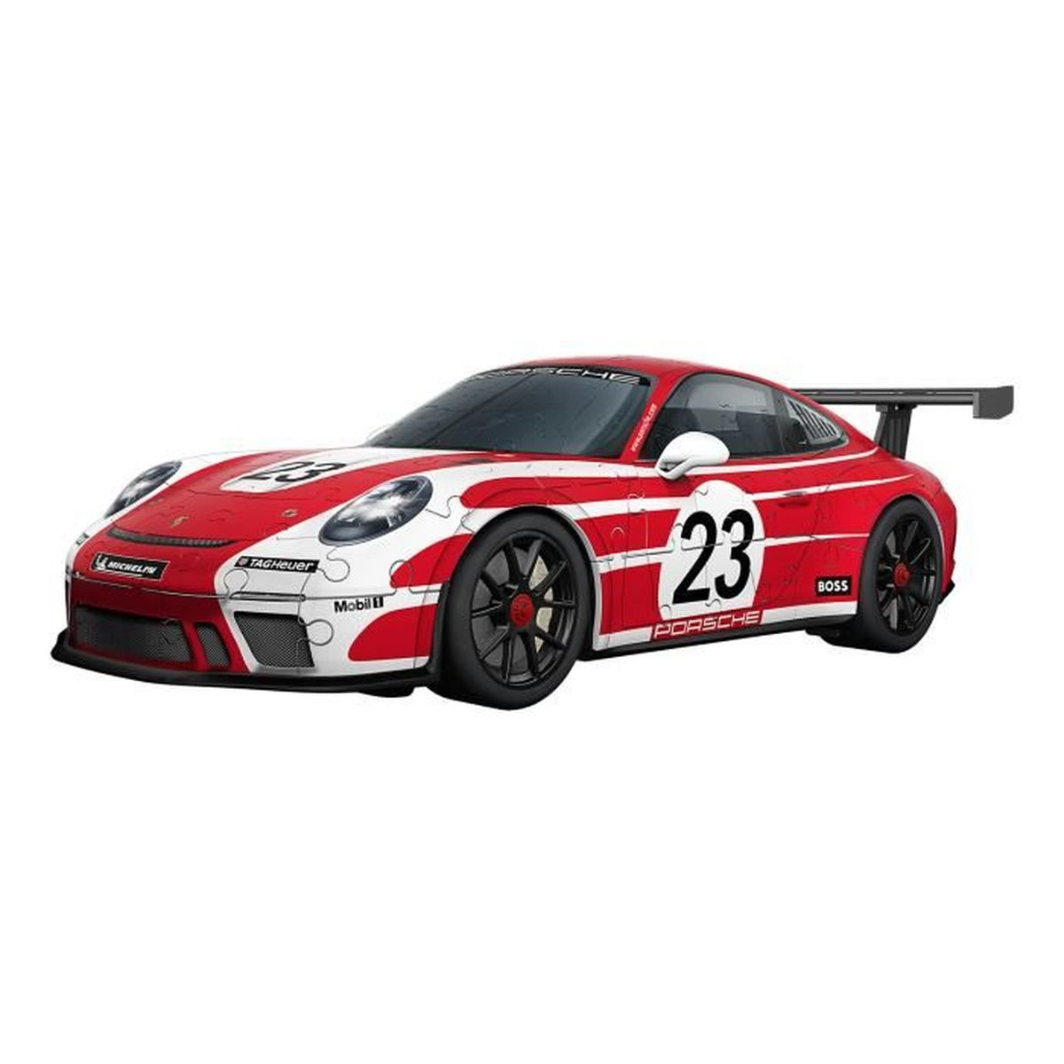 Rot-weißer Porsche 911 mit Nummer 23, Sponsorlogos und Spoiler.