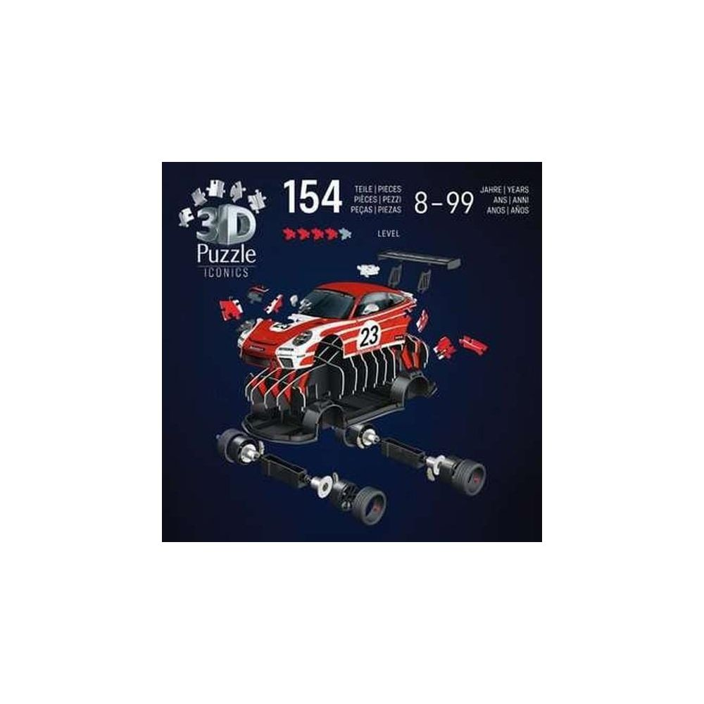 3D Puzzle eines roten Rennwagens mit weißen Streifen, 154 Teile, Alter 8-99.