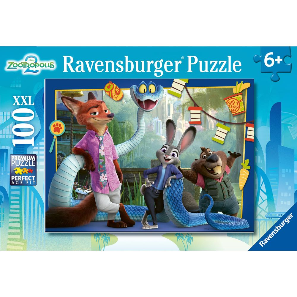 Nick Wilde, Judy Hopps und Finn McMissile sind auf einem Ravensburger 100-teiligen Zootopia-Puzzle.