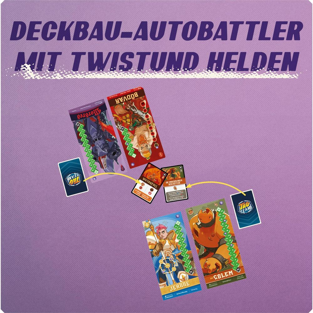 Cartes de jeu représentant des personnages comme Mordred, Bödvar, Jeanne et Golem sur fond violet.