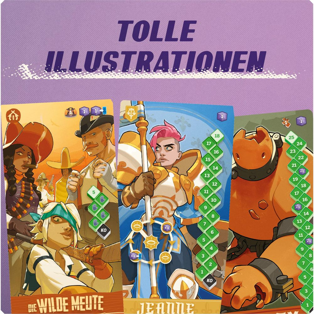 Trois cartes de personnage avec des illustrations de cow-boys et de fantaisie, "TOLLE ILLUSTRATIONEN".