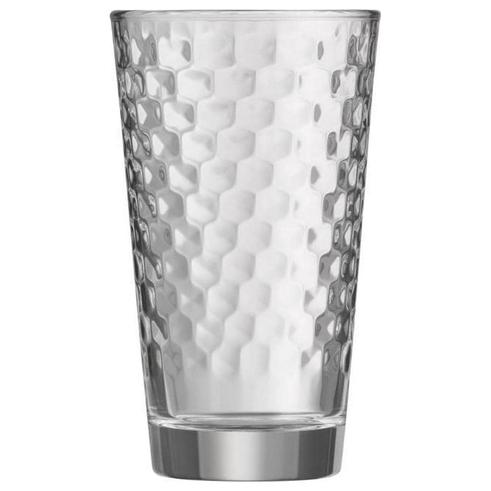 Ein hohes, transparentes Glas mit einer strukturierten Oberfläche im Wabenmuster.