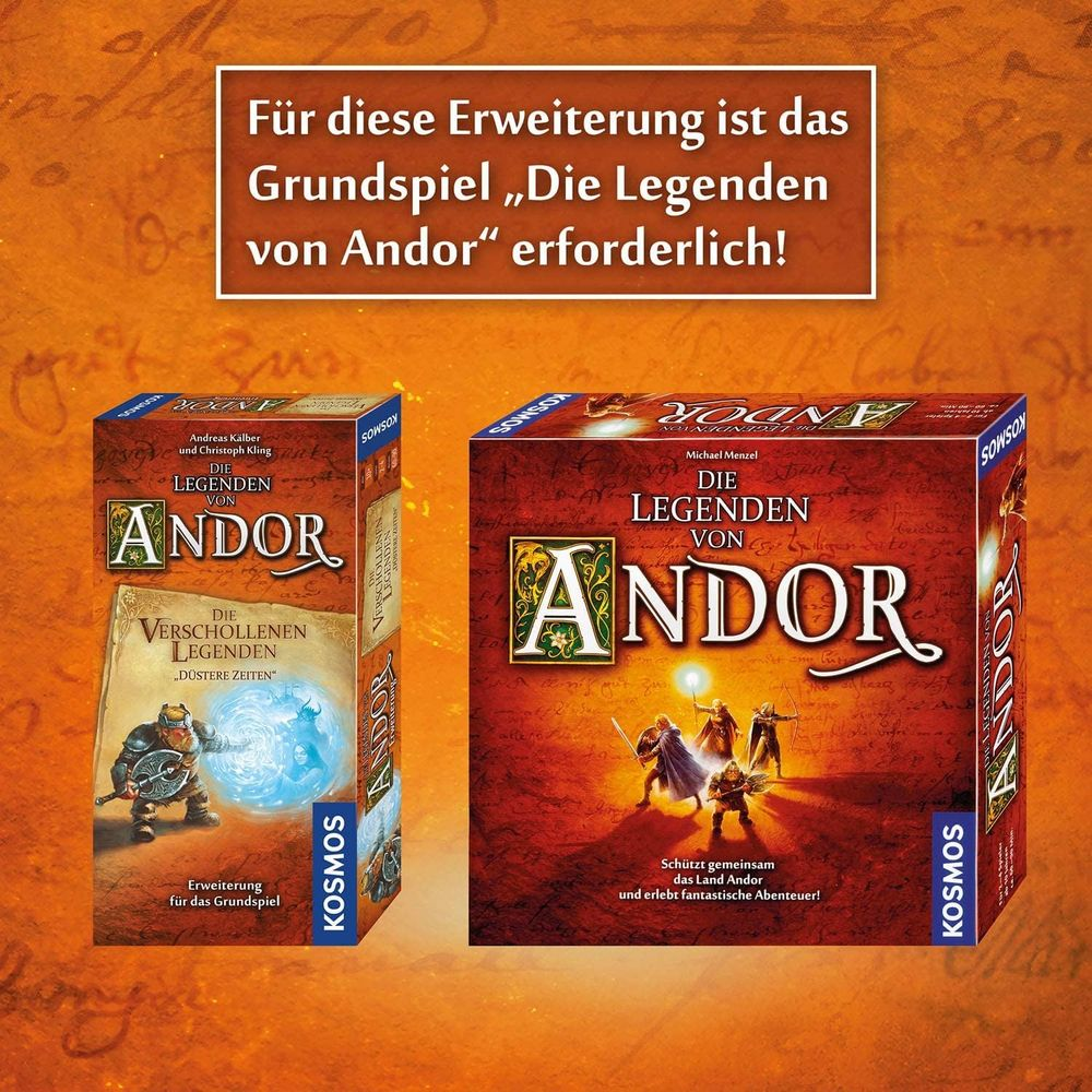 Due espansioni del gioco da tavolo 'Le Leggende di Andor' con illustrazioni fantastiche.