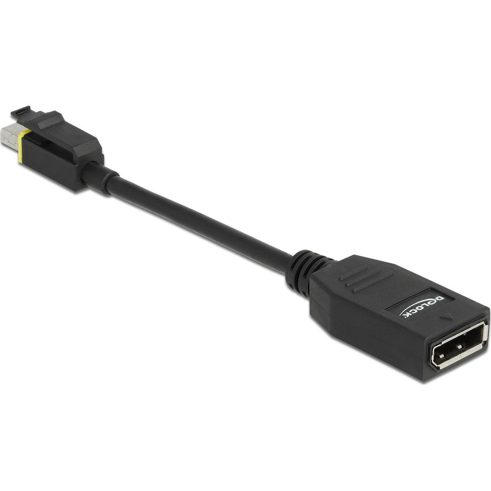 Ein schwarzer Kabeladapter mit USB-A-Stecker und DisplayPort-Buchse.