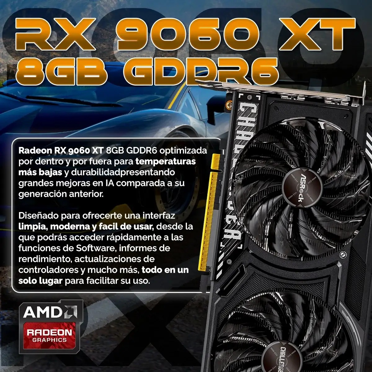 Scheda grafica RX 9060 XT con due ventole, davanti a un'auto. Logo AMD Radeon in basso.