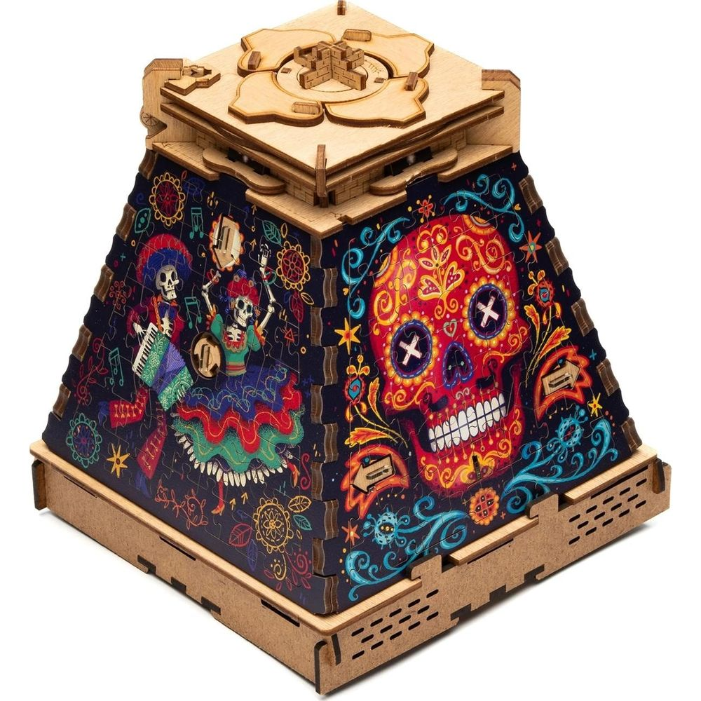 Ein hölzernes 3D-Puzzle mit Totenkopf- und Skelettmotiven, inspiriert vom Tag der Toten.