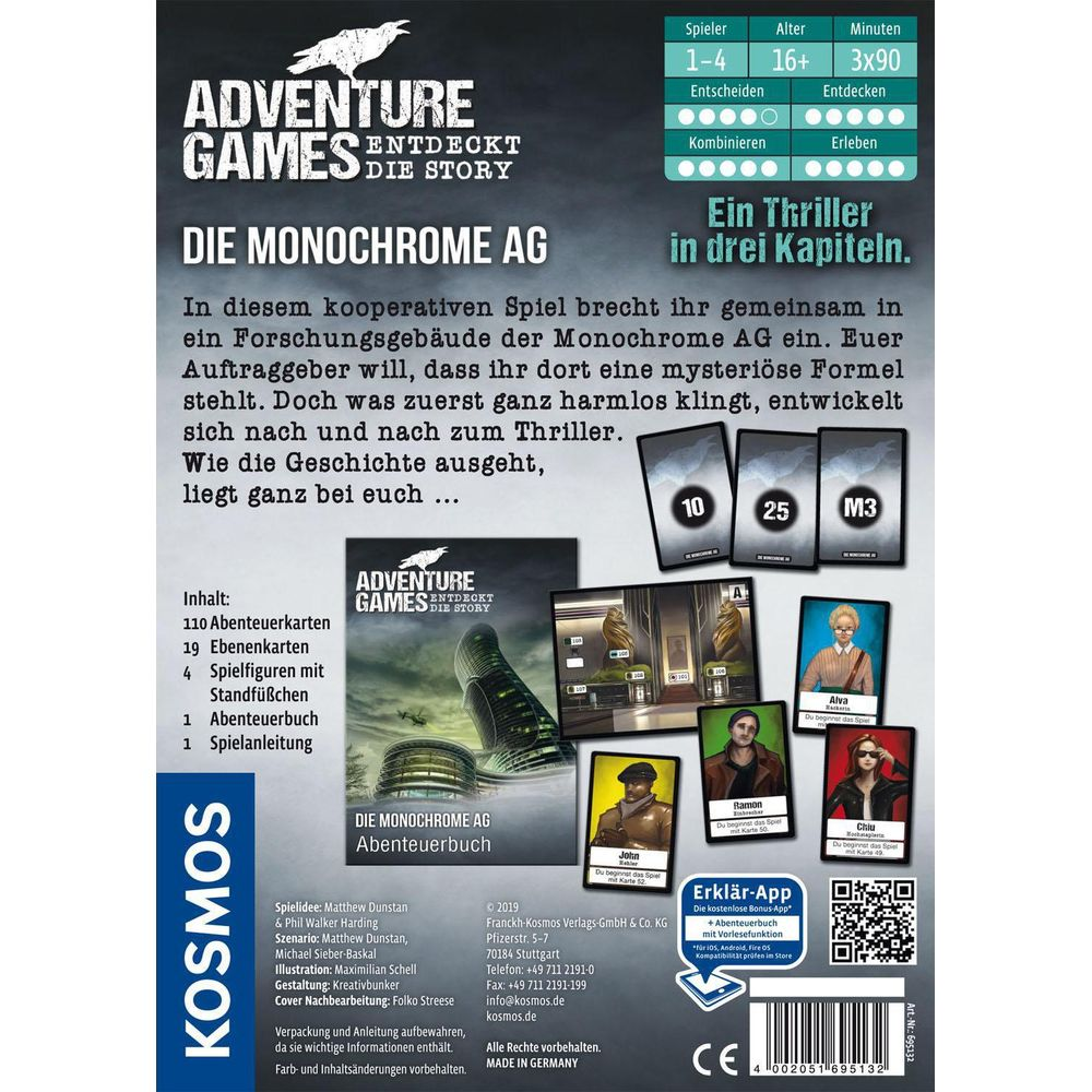 Rückseite des Brettspiels "Adventure Games: Die Monochrome AG" mit Spielinfos und Charakterkarten.