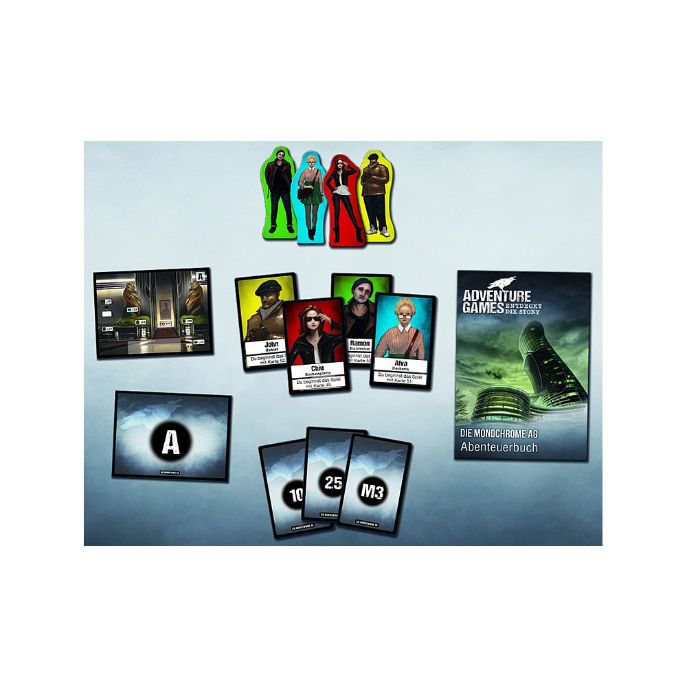 Spielbrett mit Charakterfiguren, Karten und einem Abenteuerbuch.