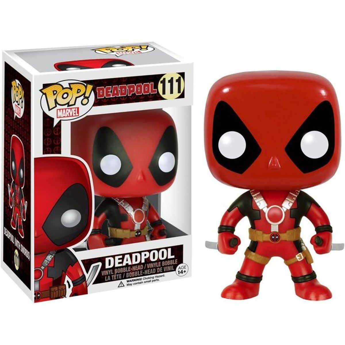 Czerwona figurka Funko Pop! Deadpool z czarną maską i strojem.