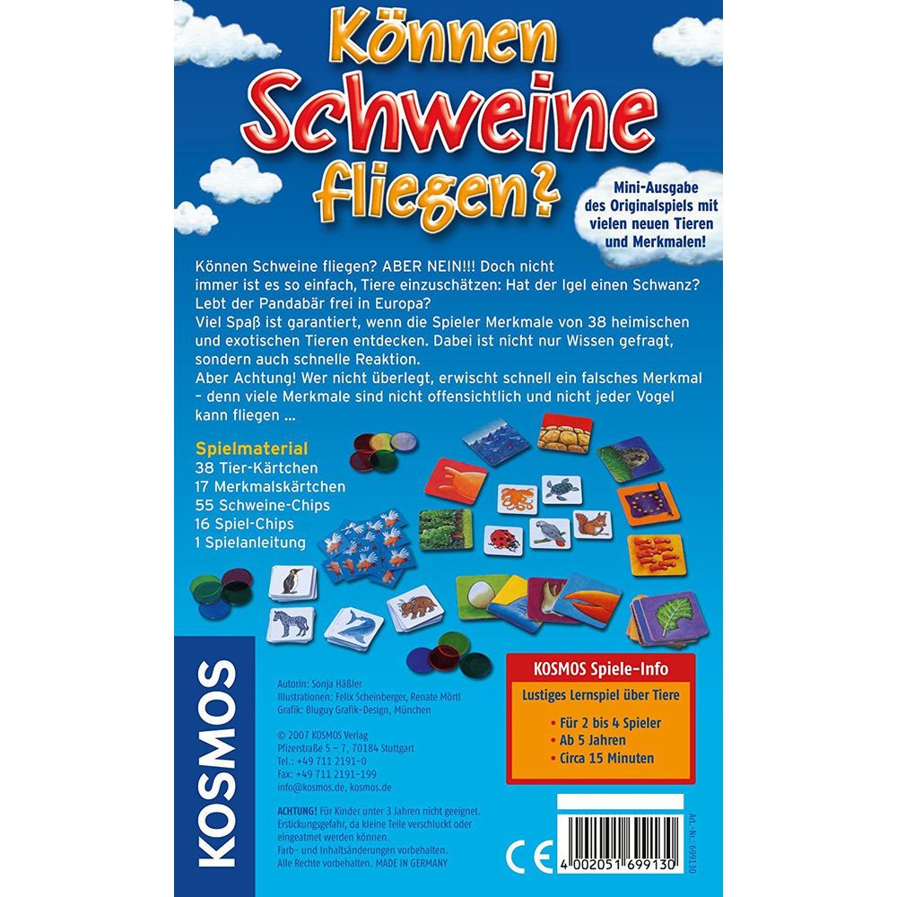 Brettspiel-Box mit Tieren, Chips und Spielkarten. Titel: Können Schweine fliegen?