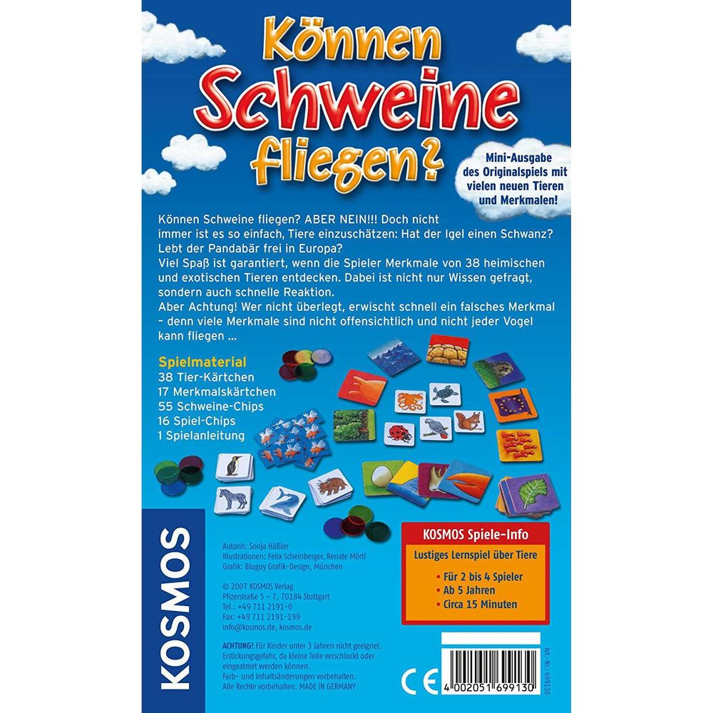 Brettspiel "Können Schweine fliegen?" mit Tierkarten, Chips und Spielanleitung.