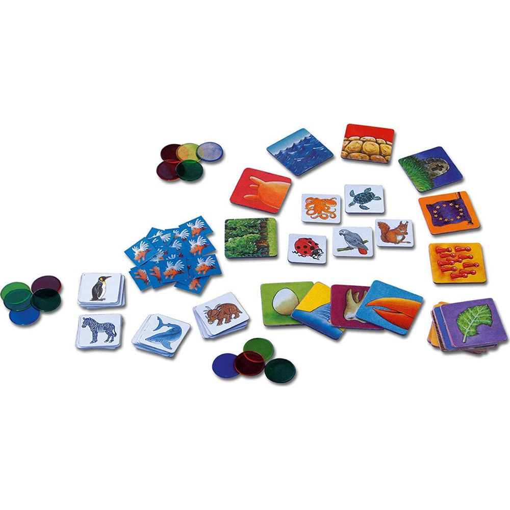 Bunte Spielkarten mit Tieren und Objekten auf weißem Hintergrund.