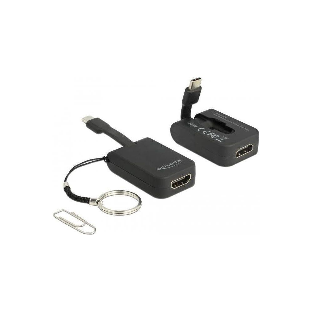 Zwei schwarze Delock-Adapter mit USB-C- und HDMI-Anschlüssen, plus eine Büroklammer.