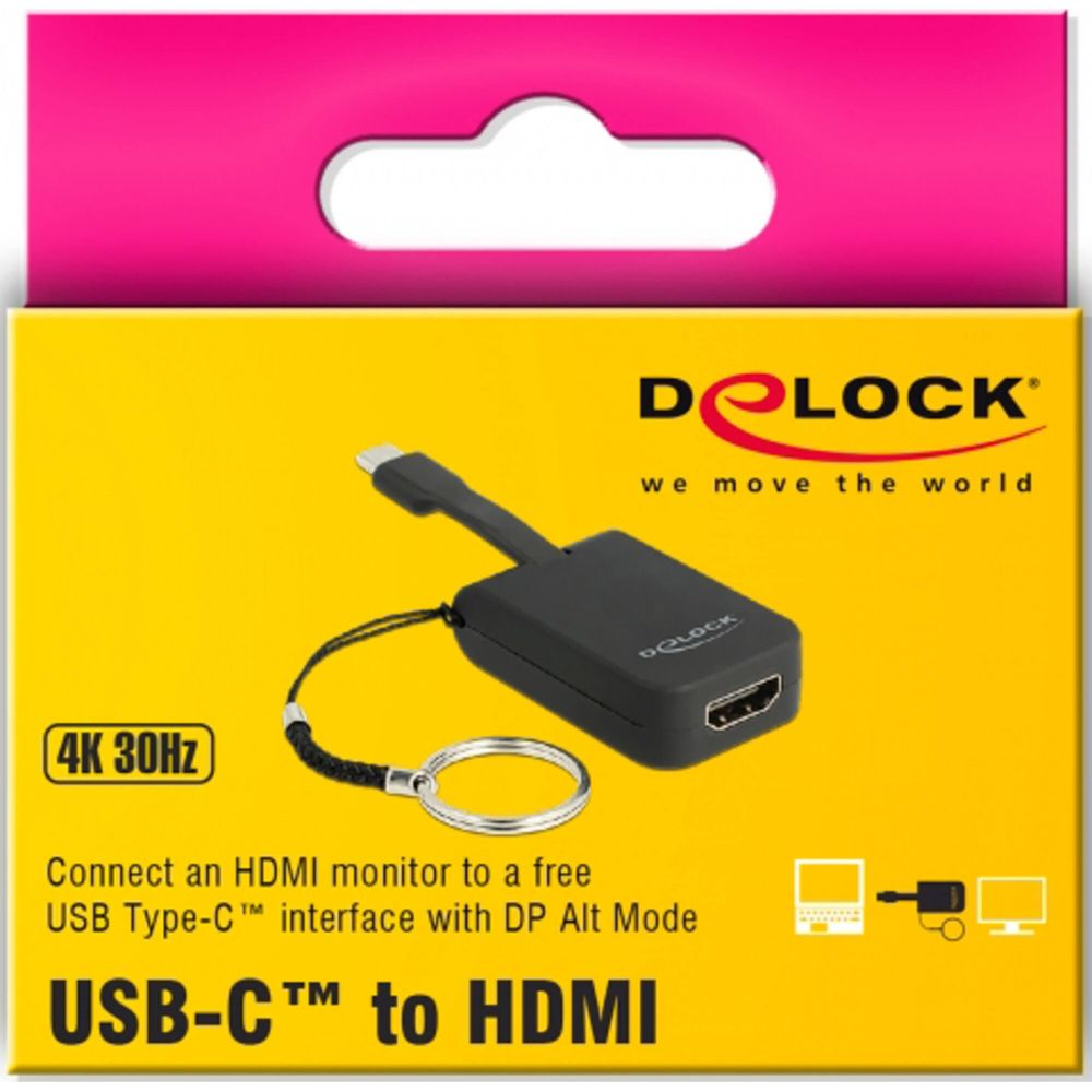 Ein schwarzer USB-C zu HDMI Adapter mit Schlüsselring und Kabel.