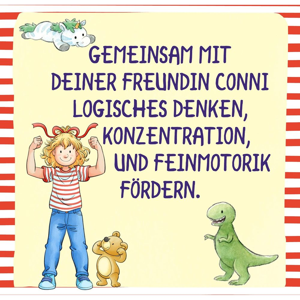 Ein Mädchen, Teddybär, Dino und Einhorn mit Text über Lernen.