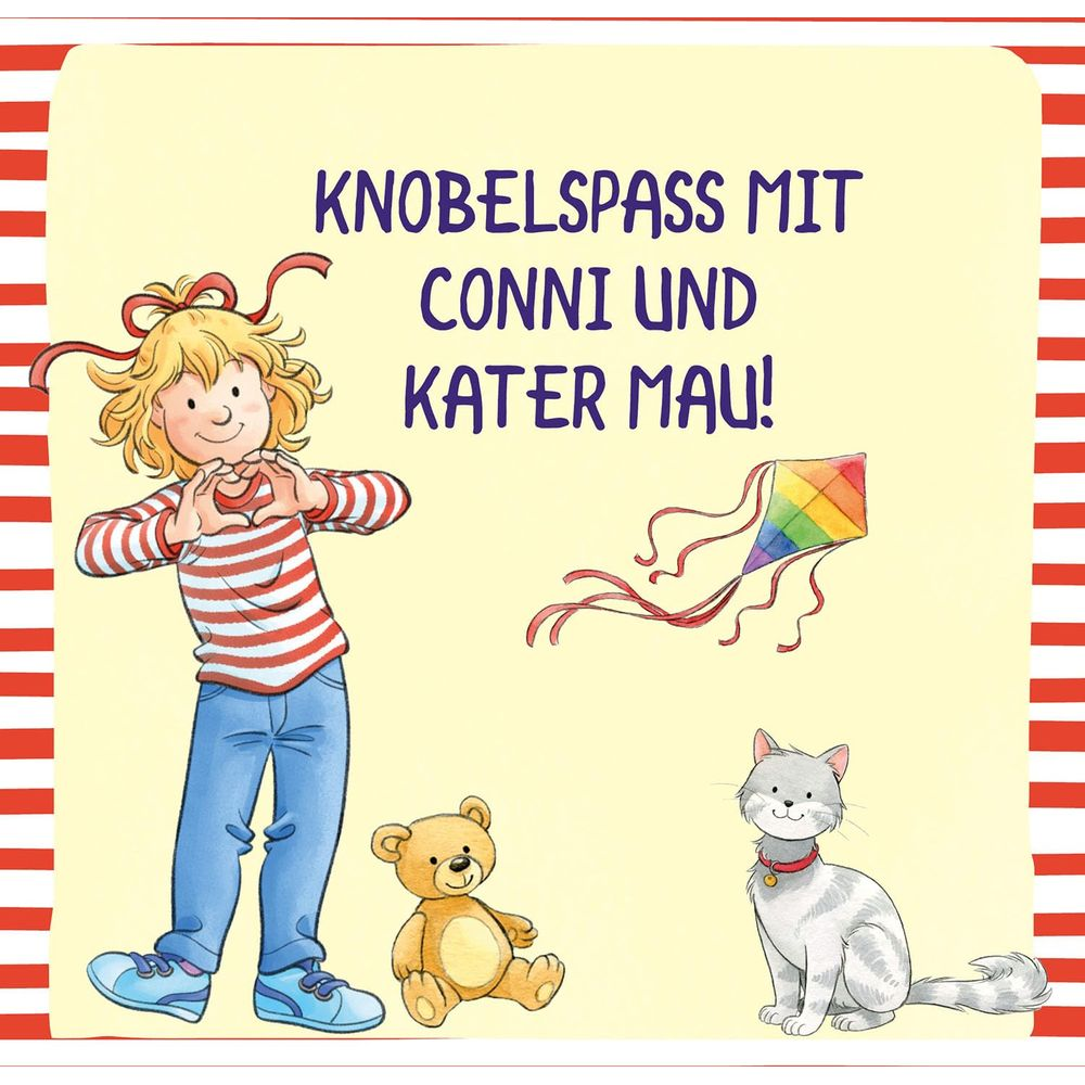 Illustration von Conni, Kater Mau, Teddybär und Drachen. Text: "Knoelspass mit Conni und Kater Mau!"