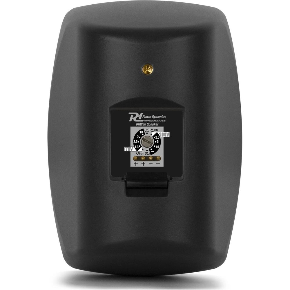 Altavoz negro con selector giratorio para ajustes de 70V/100V.