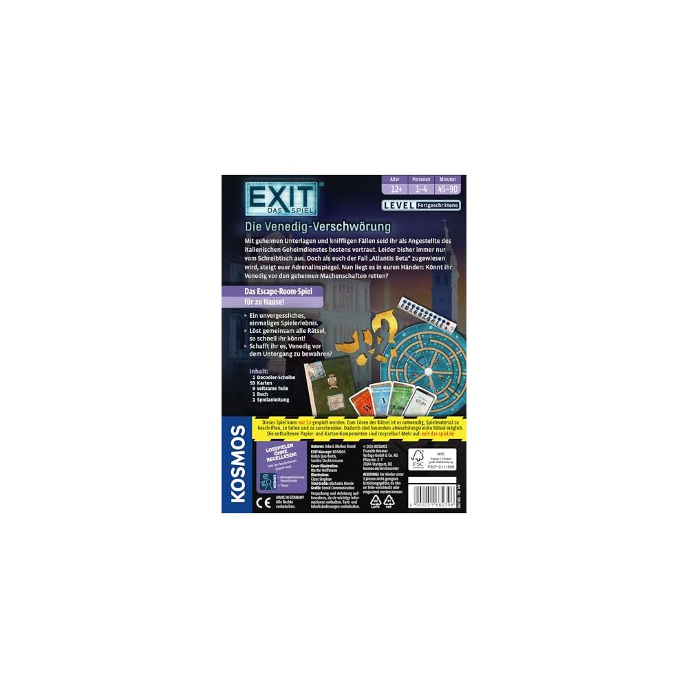 Gioco "EXIT - La cospirazione di Venezia" con decodificatore, carte, pezzi e libro.