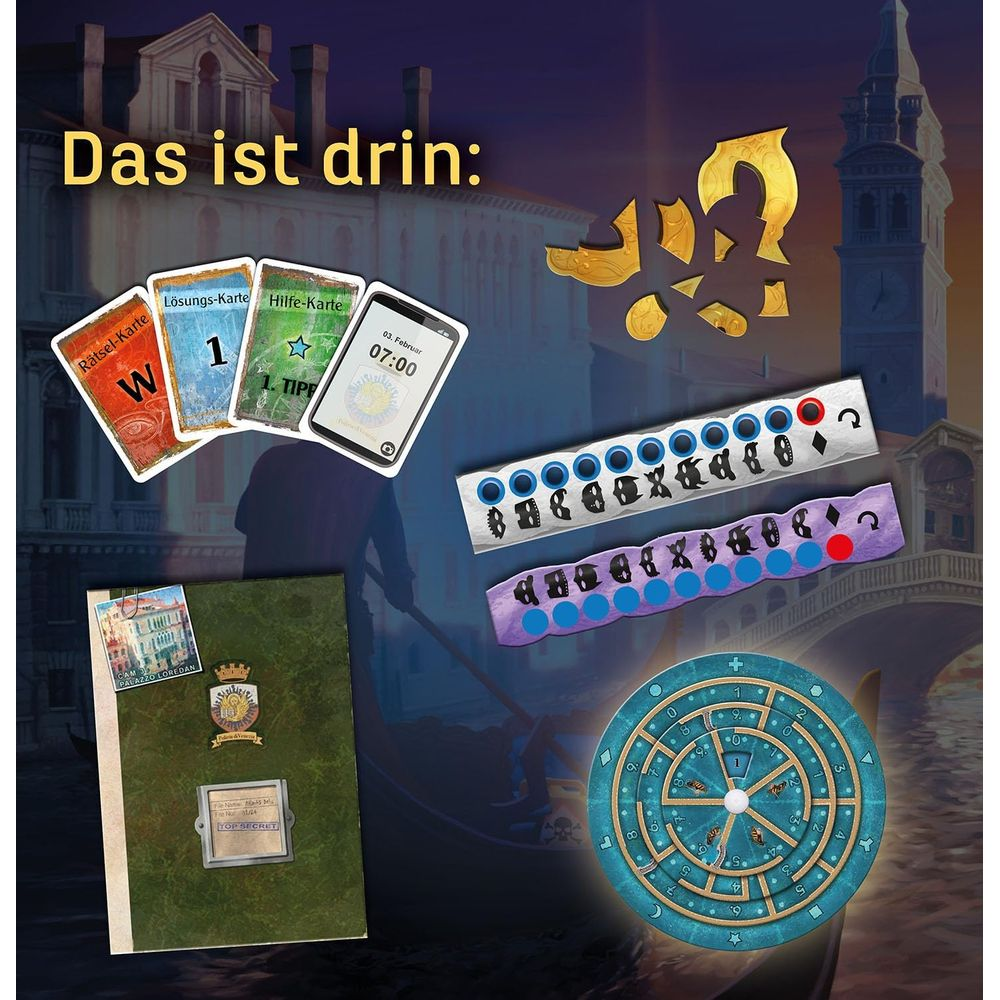 Componenti del gioco: carte, un libro, ruote dell'enigma e altro.