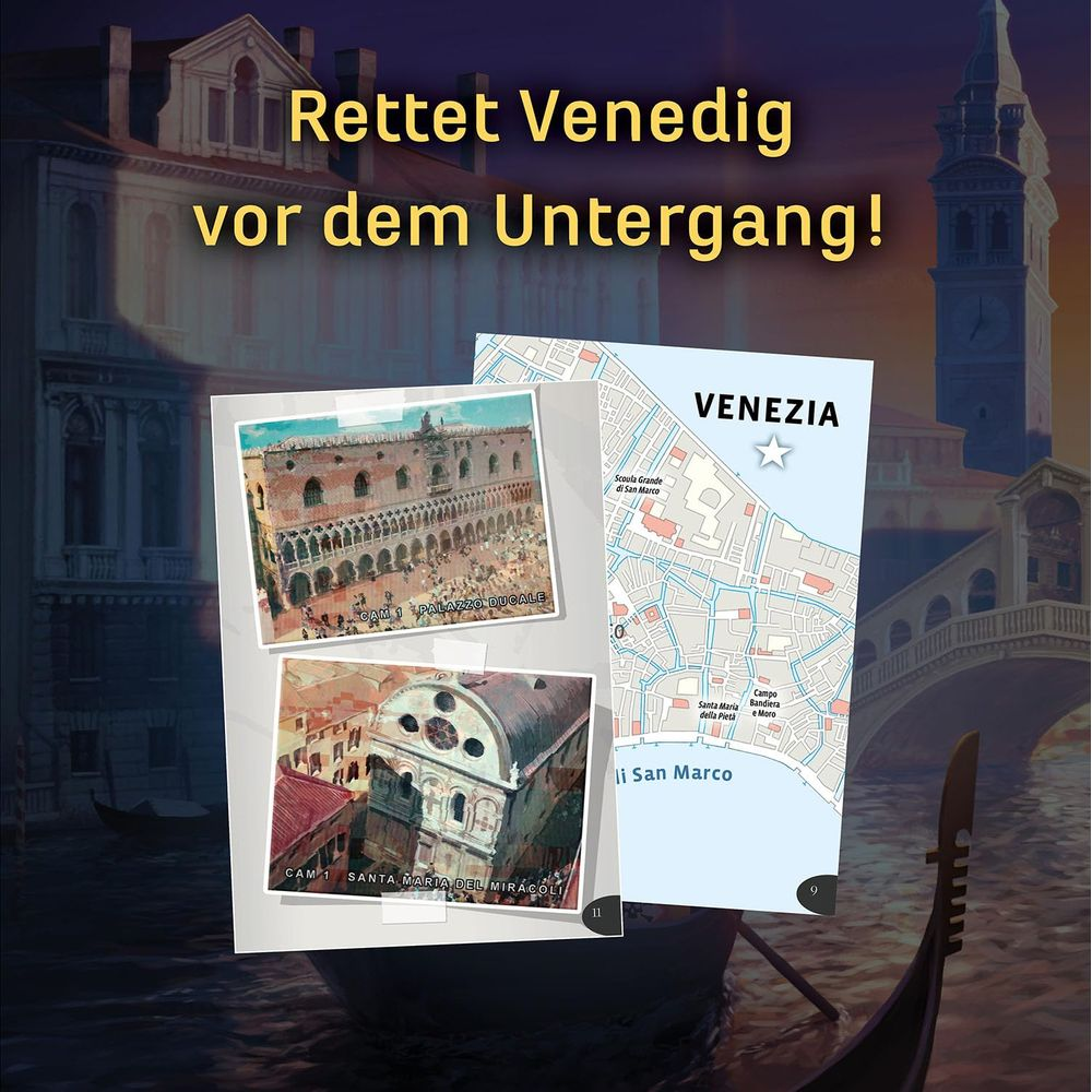 Illustrazione di Venezia con mappa, palazzo e chiesa. Testo: Salva Venezia.